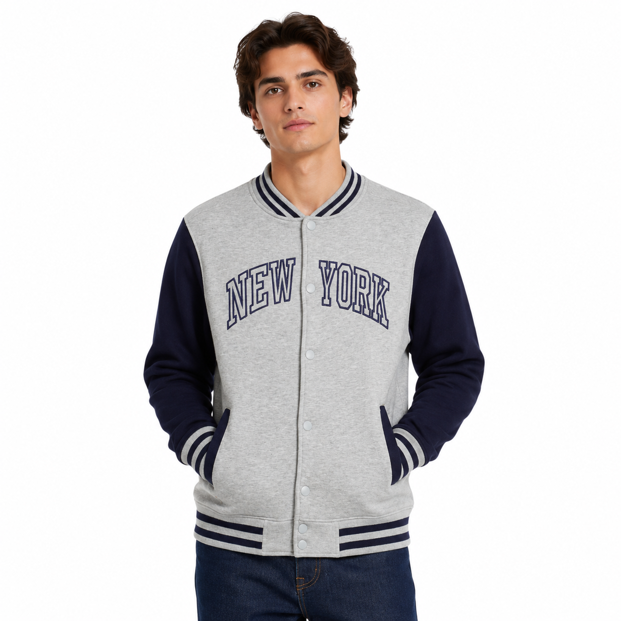New York Varsity Jacket, Unisex Streetwear Button, Applique NY Patch