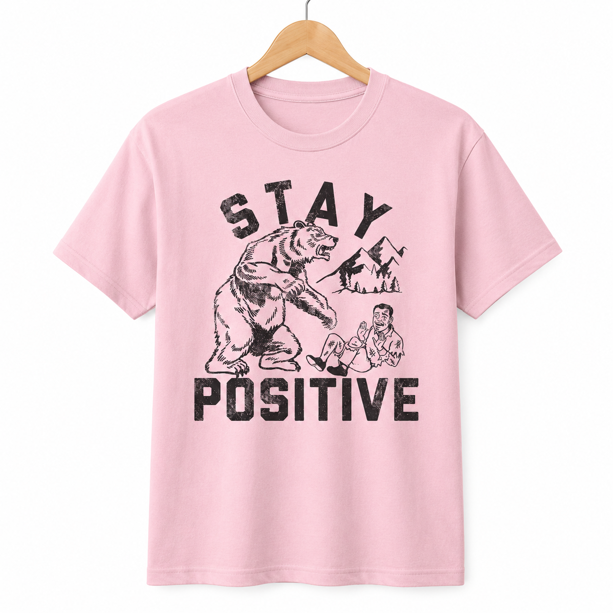 Stay Positive Bear Attack Funny T-Shirt for Men Sarcastic Graphic Novelty Tee