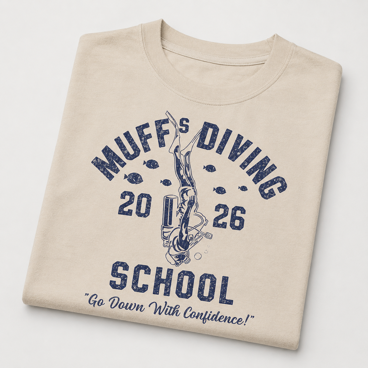 Muffs Diving School Funny T-Shirt for Men Sarcastic Graphic Novelty Joke Tee