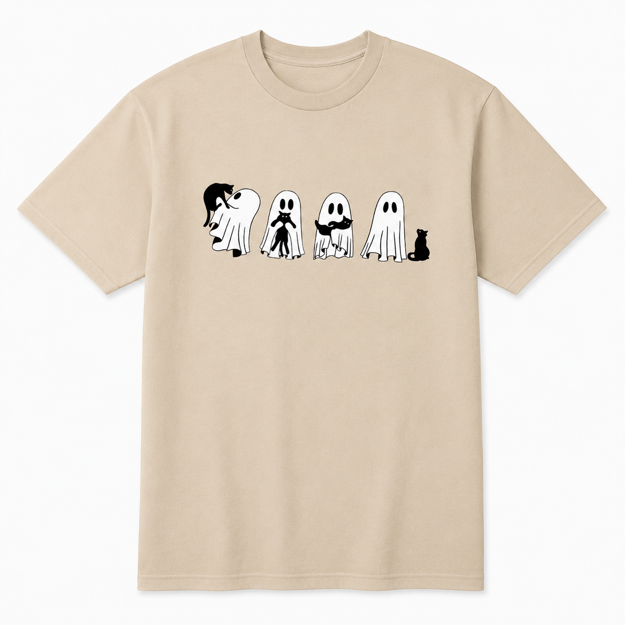 Halloween Black Cat Ghost T Shirt Womens Spooky Season Cute Graphic Tee Gift