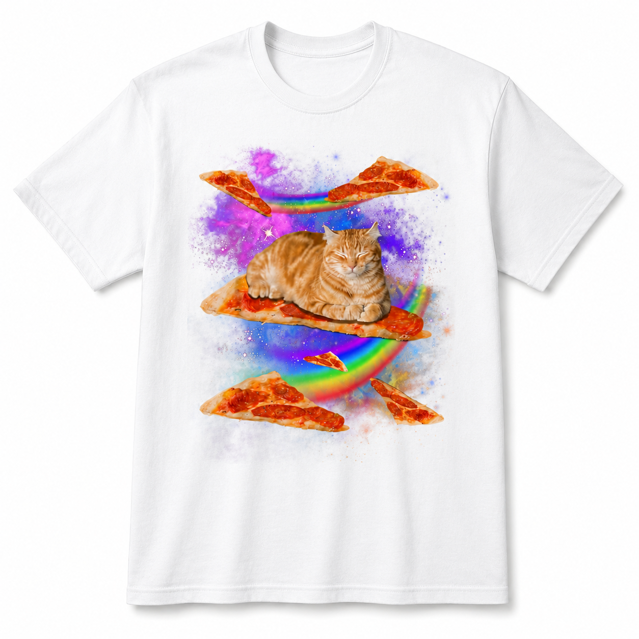 Funny Galaxy Cat Riding Pizza T-Shirt Space Rainbow Graphic Tee Men's S-5XL