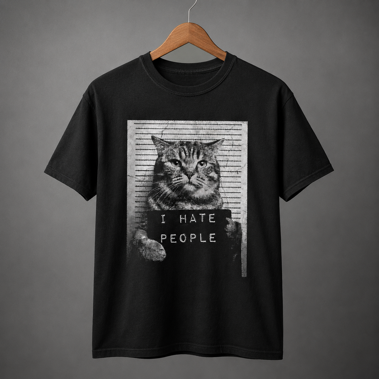 I Hate People Funny Cat T-Shirt Mugshot Sarcastic Graphic Novelty Tee for Men