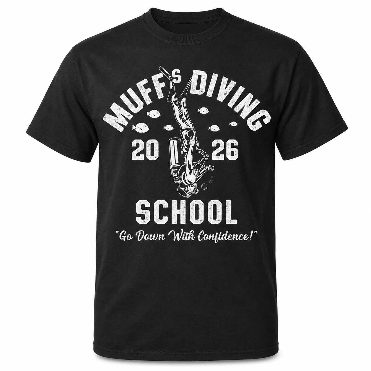 Muffs Diving School Funny T-Shirt for Men Sarcastic Graphic Novelty Joke Tee