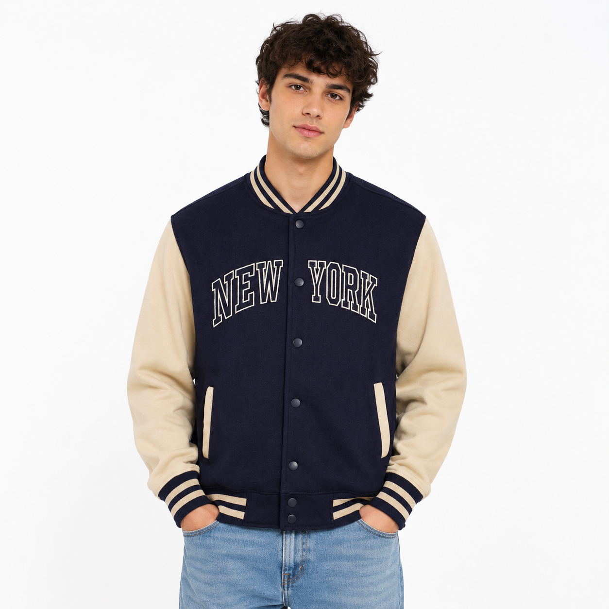 New York Varsity Jacket, Unisex Streetwear Button, Applique NY Patch