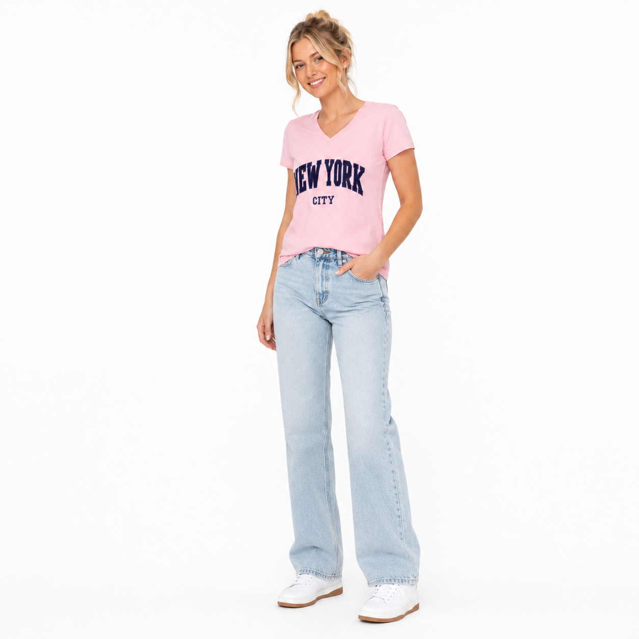 New York City Chenille Embroidered V-Neck T-Shirt, Cotton Blend Souvenir Tee