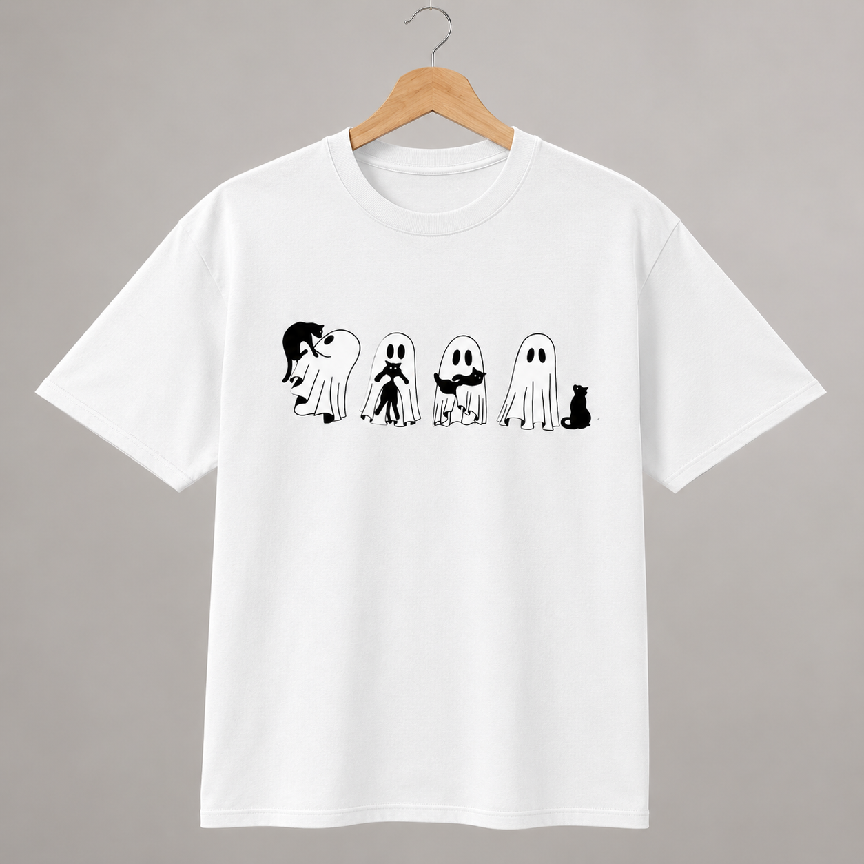 Halloween Black Cat Ghost T Shirt Womens Spooky Season Cute Graphic Tee Gift