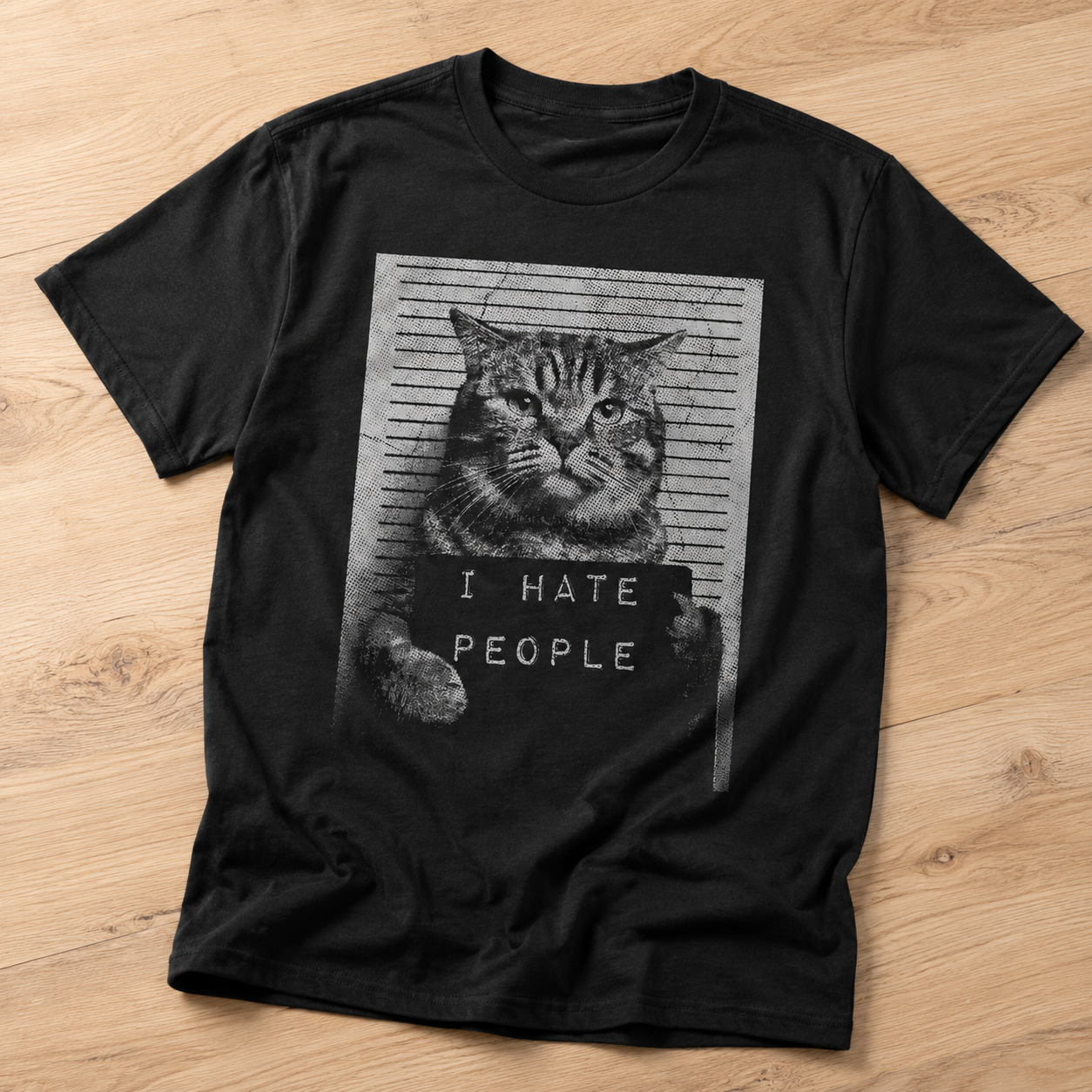 I Hate People Funny Cat T-Shirt Mugshot Sarcastic Graphic Novelty Tee for Men