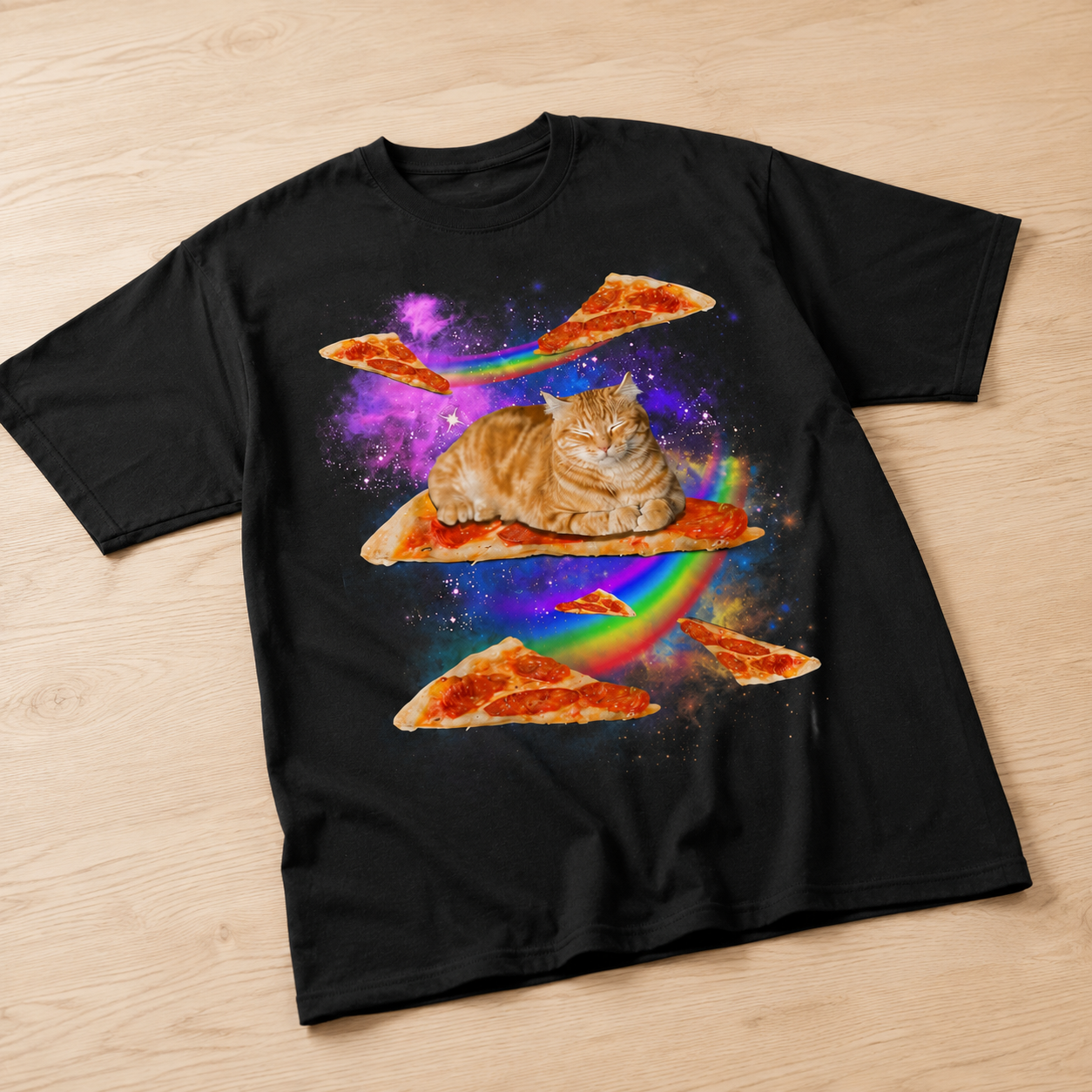 Funny Galaxy Cat Riding Pizza T-Shirt Space Rainbow Graphic Tee Men's S-5XL