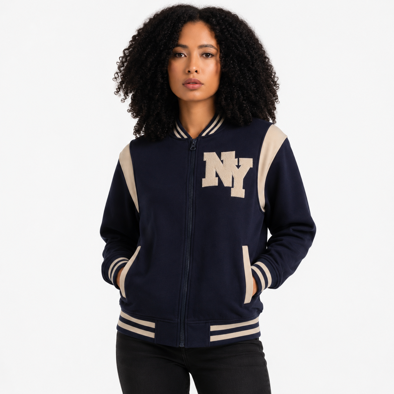 New York Varsity Jacket, Unisex Streetwear Full Zip, Applique NY Patch