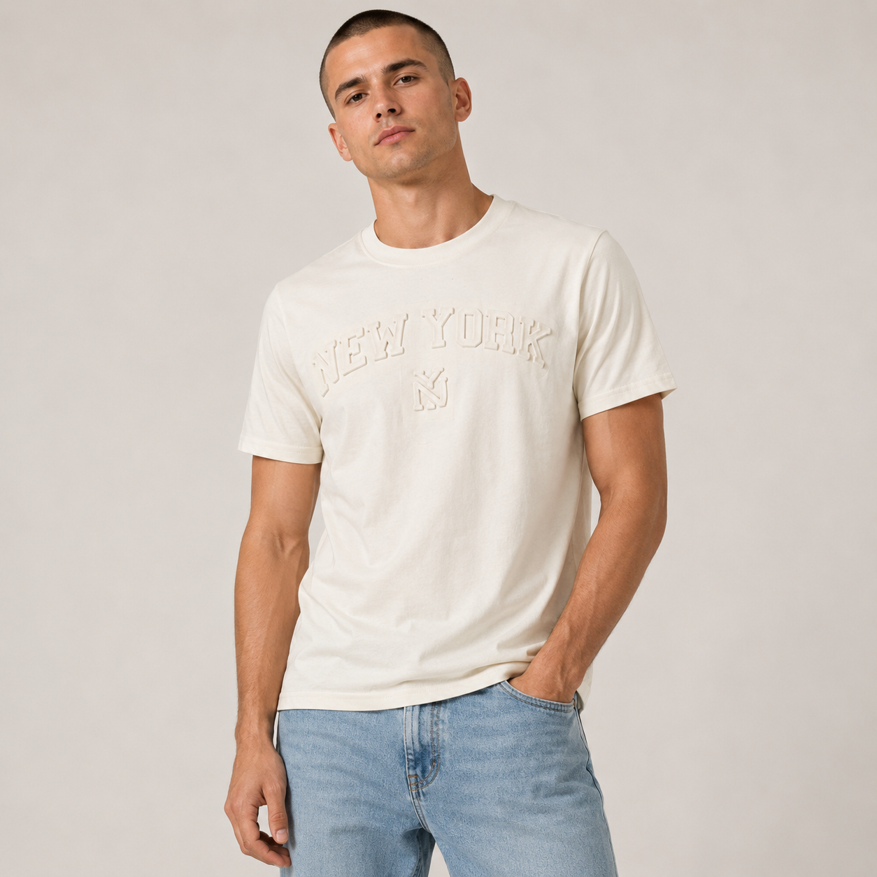 New York Raised Letter T-Shirt, Embossed Puff Print Cotton Blend Tee