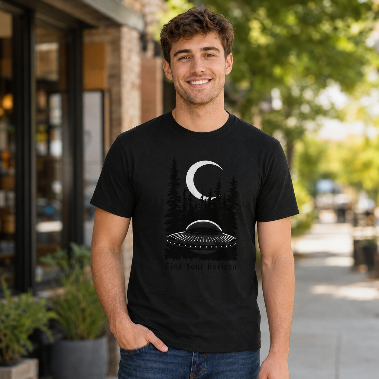 Find Your Horizon UFO T-Shirt Alien Space Graphic Tee Men's S-5XL