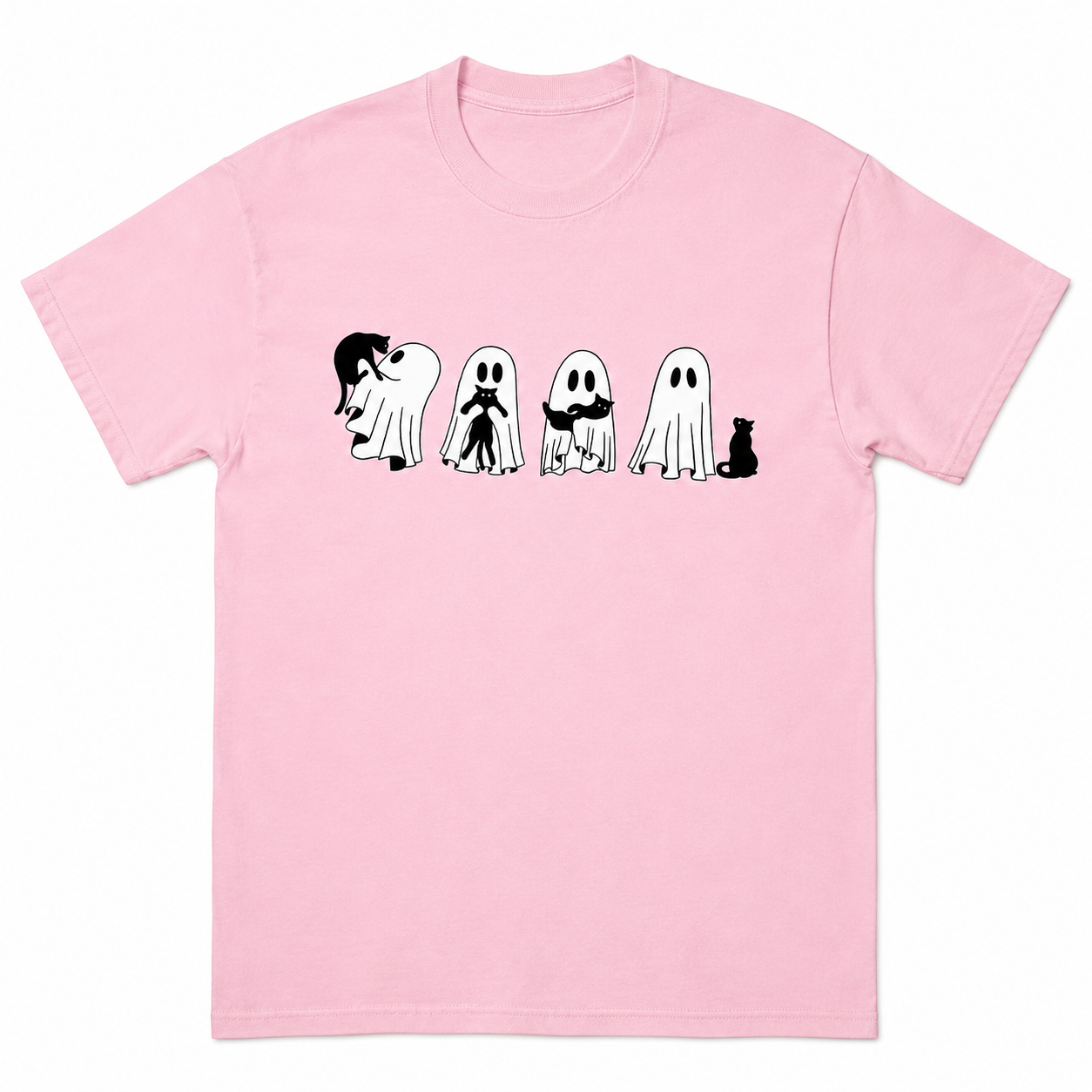 Halloween Black Cat Ghost T Shirt Womens Spooky Season Cute Graphic Tee Gift