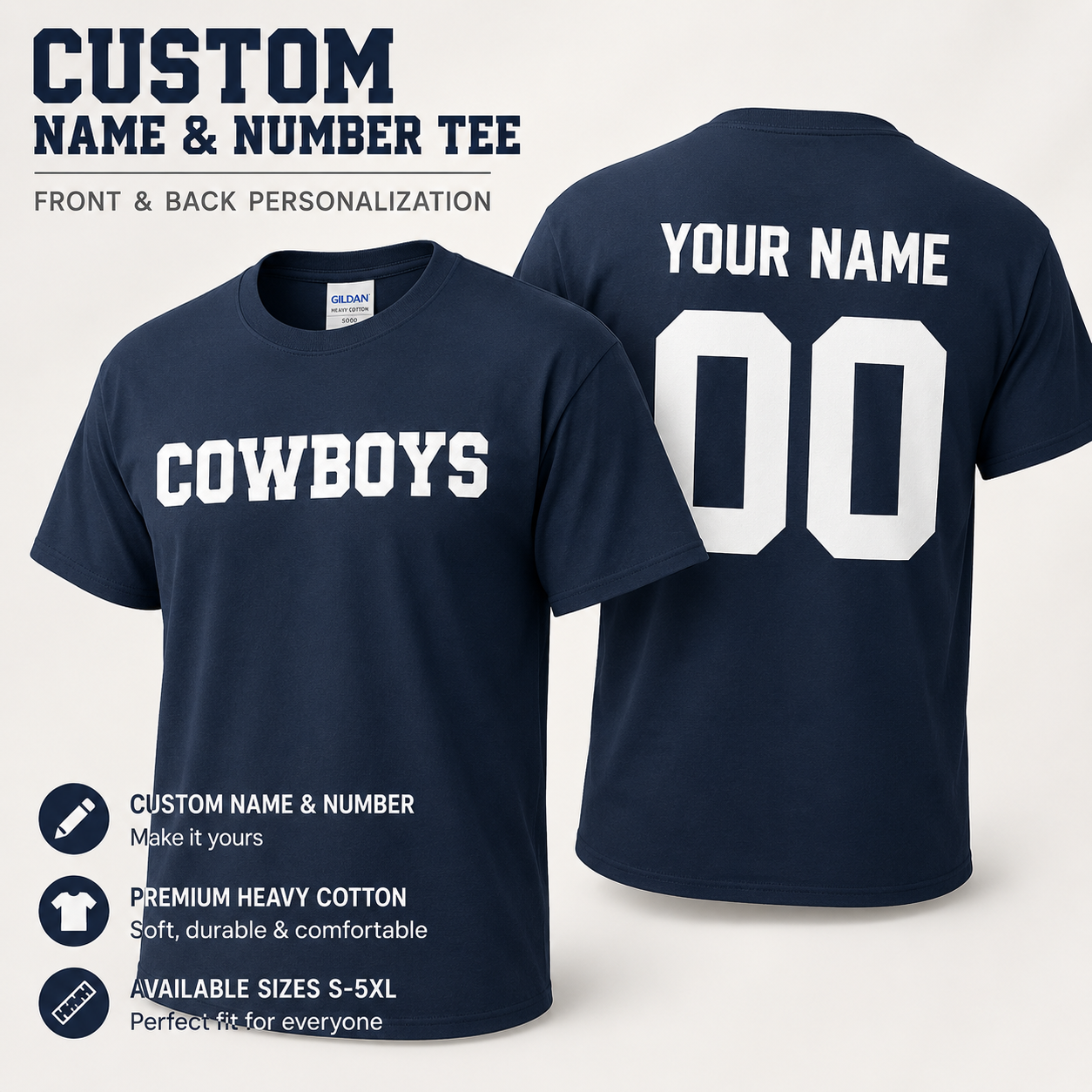 Custom Cowboys Name & Number T-Shirt Personalized Football Jersey Tee S-5XL