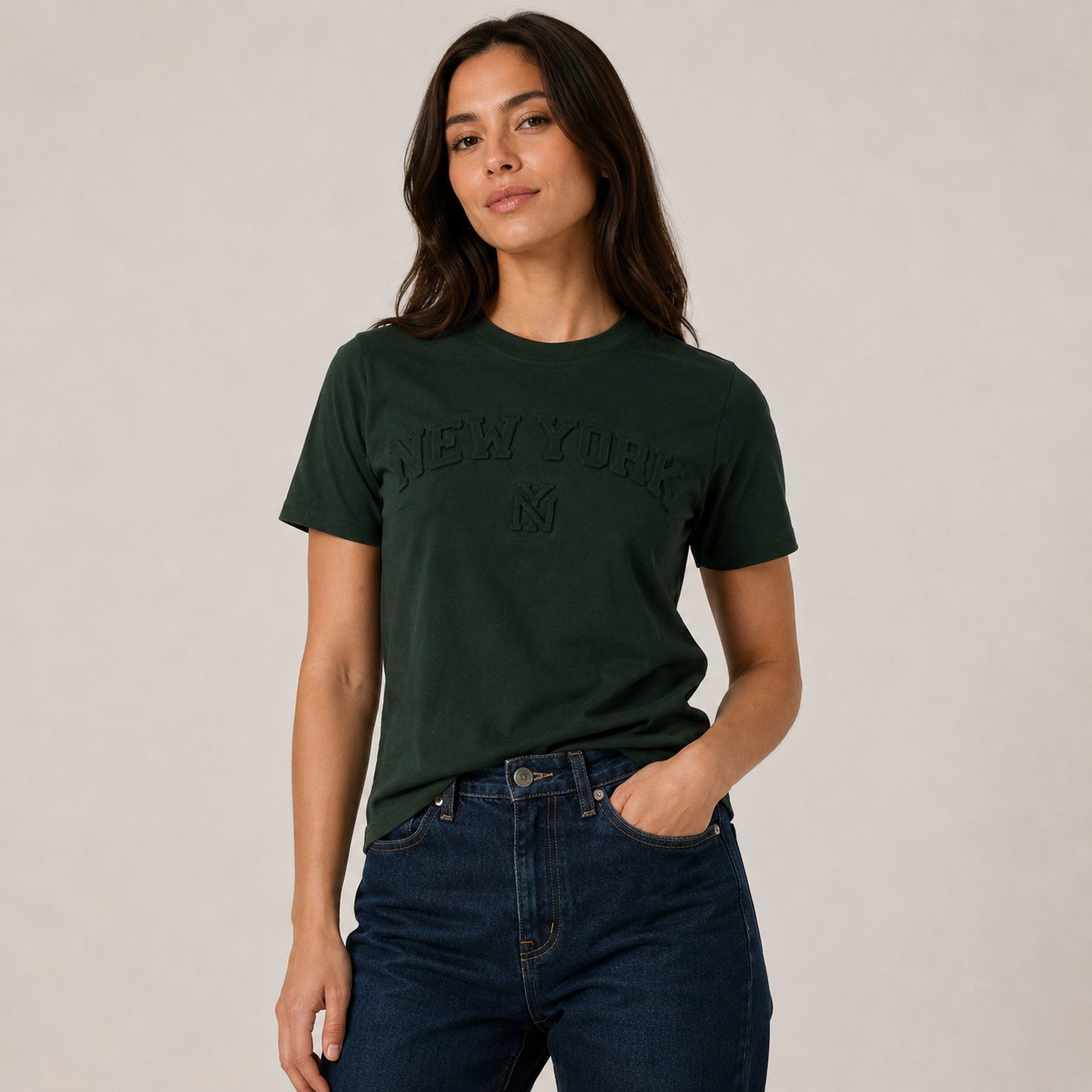 New York Raised Letter T-Shirt, Embossed Puff Print Cotton Blend Tee