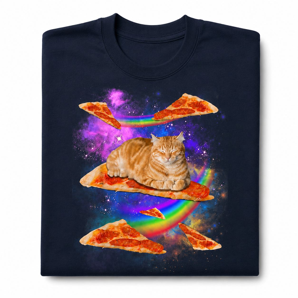 Funny Galaxy Cat Riding Pizza T-Shirt Space Rainbow Graphic Tee Men's S-5XL