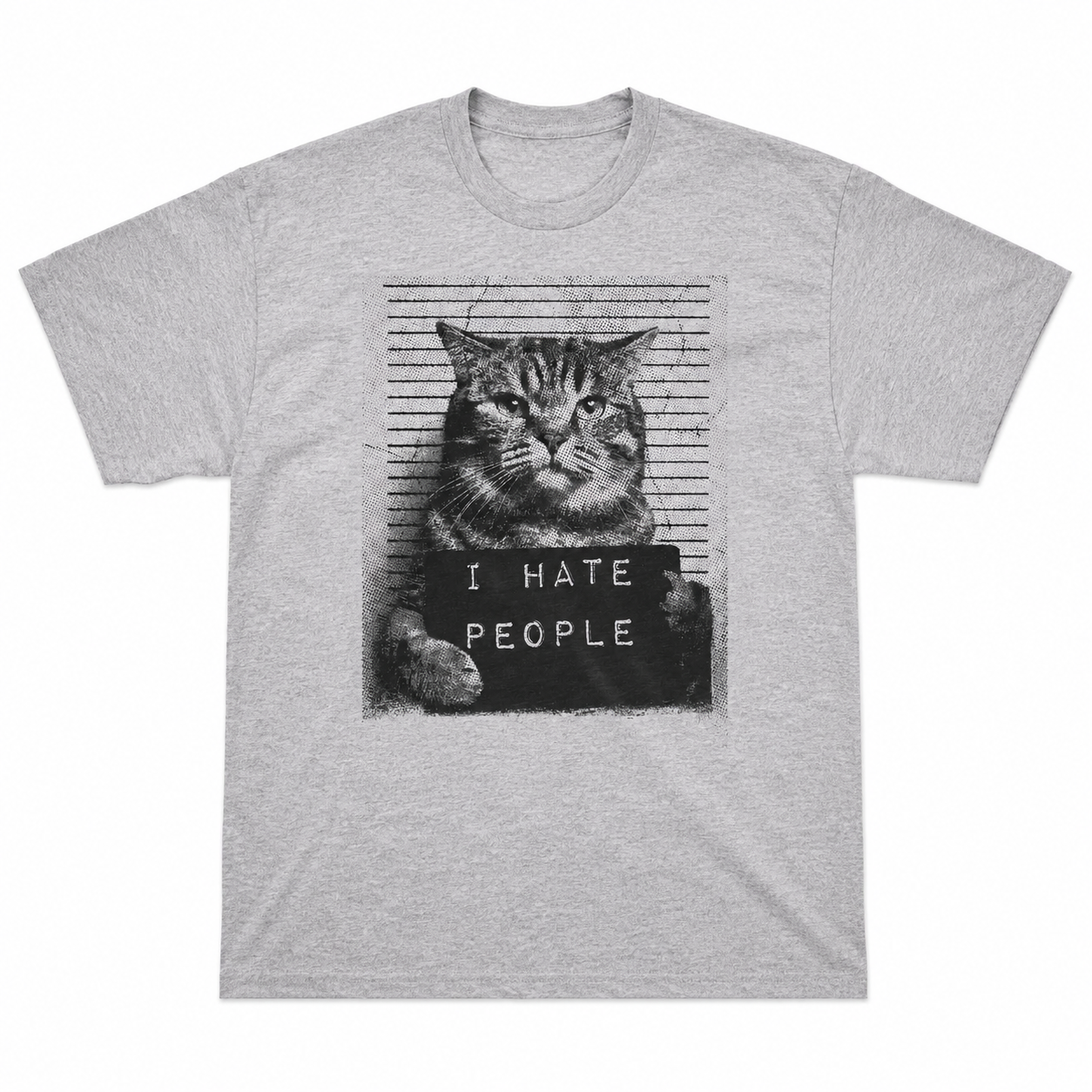 I Hate People Funny Cat T-Shirt Mugshot Sarcastic Graphic Novelty Tee for Men
