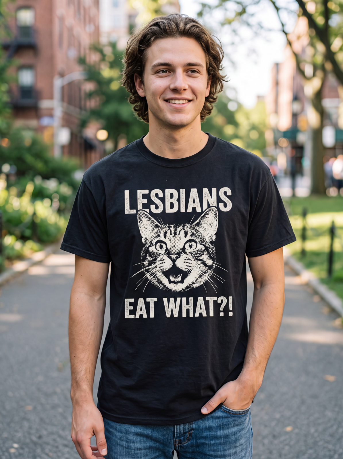 Lesbians Eat What Funny T-Shirt for Men Sarcastic Cat Graphic Novelty Joke Tee
