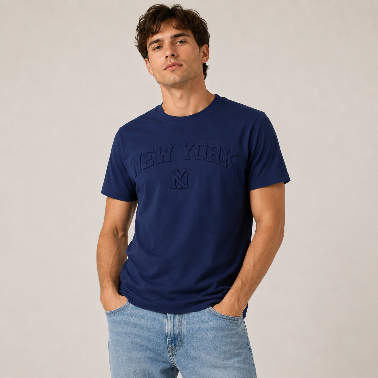 New York Raised Letter T-Shirt, Embossed Puff Print Cotton Blend Tee