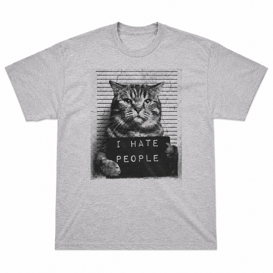 I Hate People Funny Cat T-Shirt Mugshot Sarcastic Graphic Novelty Tee for Men