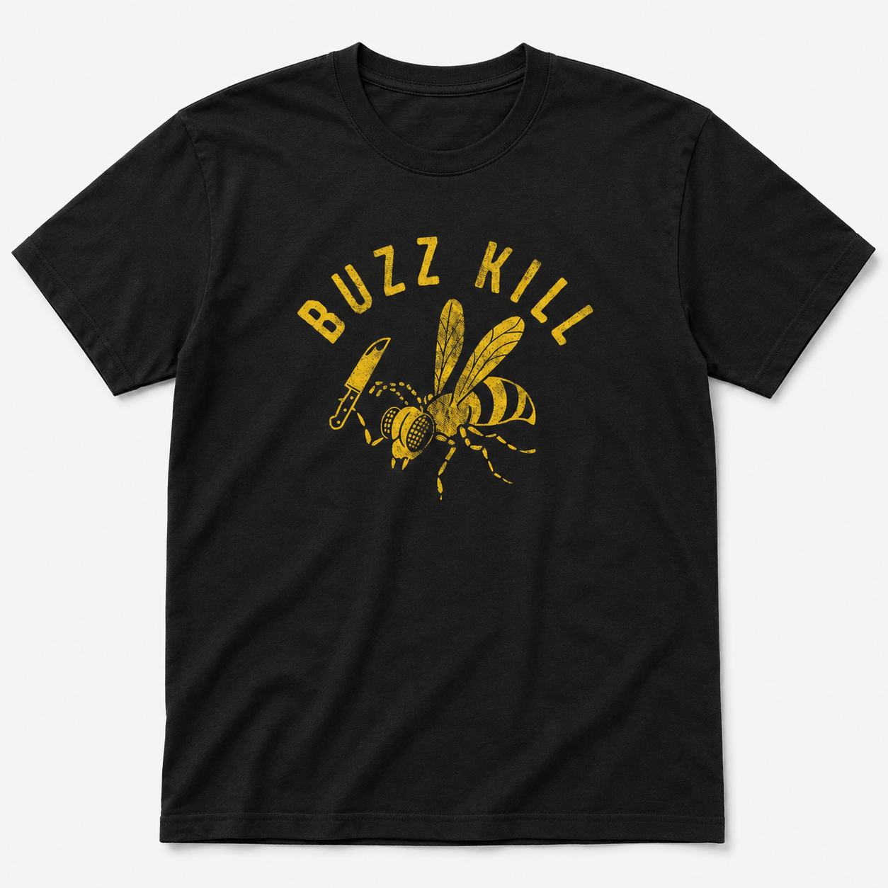 Mens Buzzkill Funny T-Shirt Sarcastic Killer Bee Knife Graphic Joke Tee for Guys