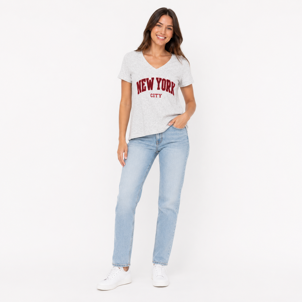New York City Chenille Embroidered V-Neck T-Shirt, Cotton Blend Souvenir Tee