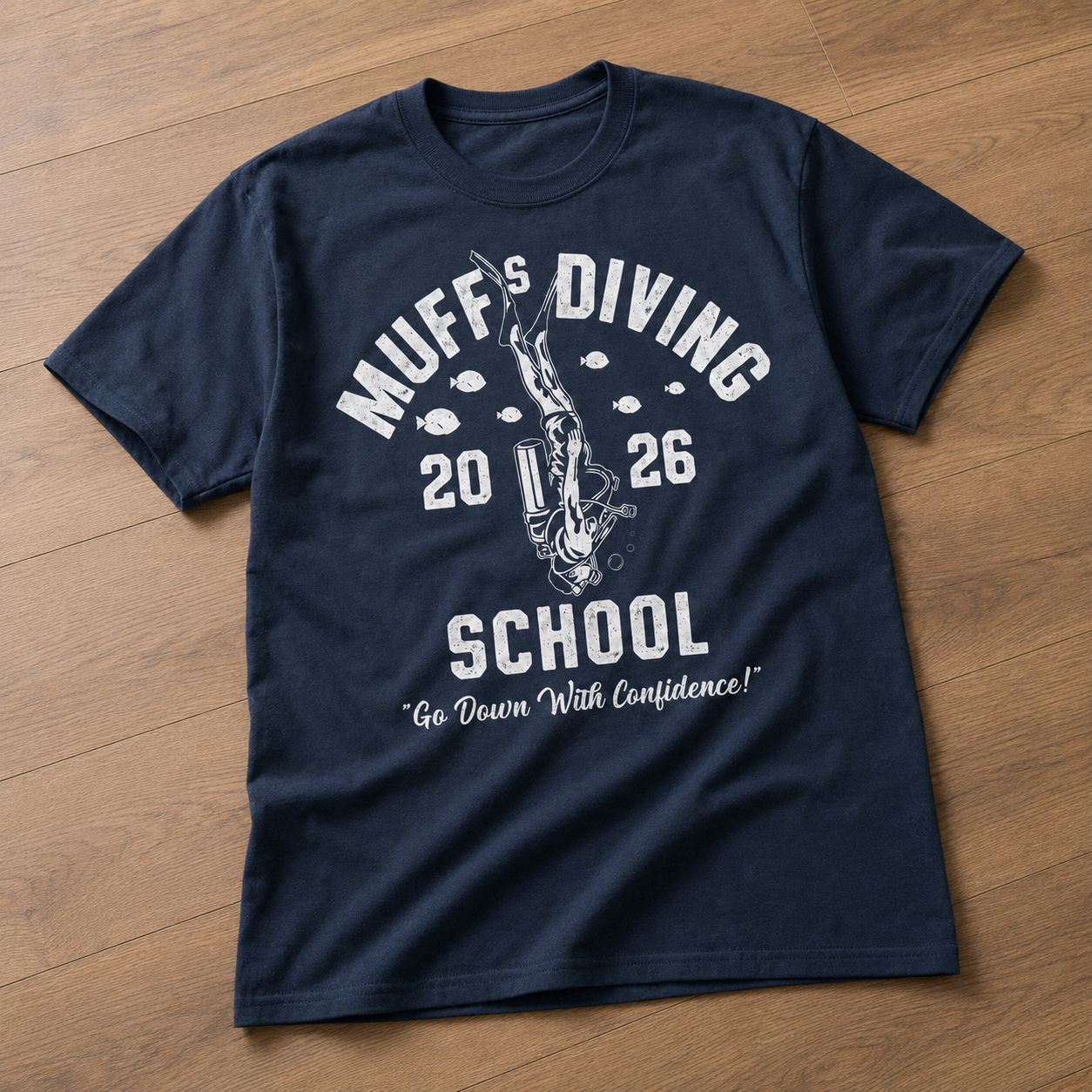 Muffs Diving School Funny T-Shirt for Men Sarcastic Graphic Novelty Joke Tee