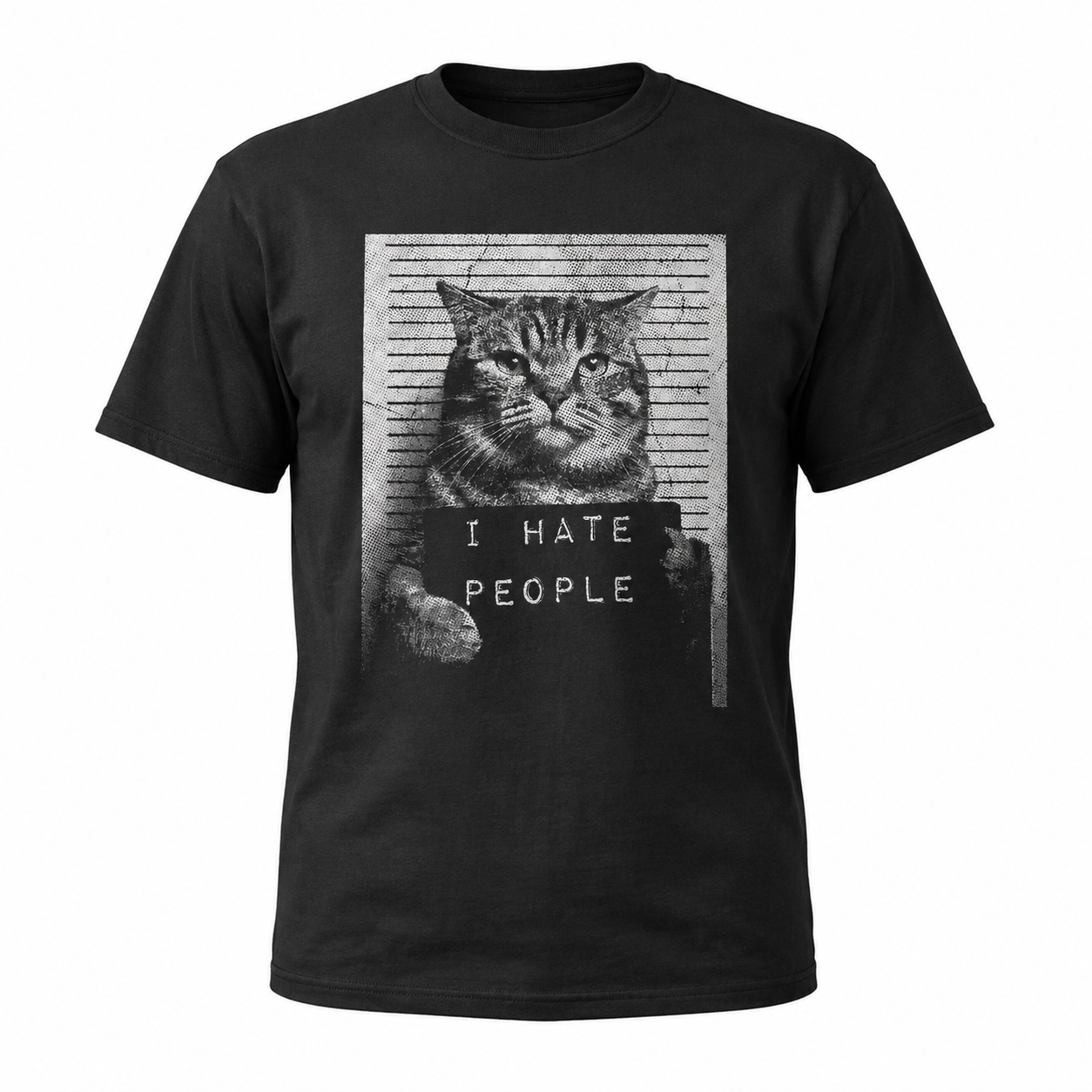 I Hate People Funny Cat T-Shirt Mugshot Sarcastic Graphic Novelty Tee for Men