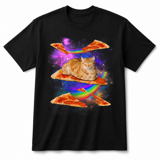 Funny Galaxy Cat Riding Pizza T-Shirt Space Rainbow Graphic Tee Men's S-5XL