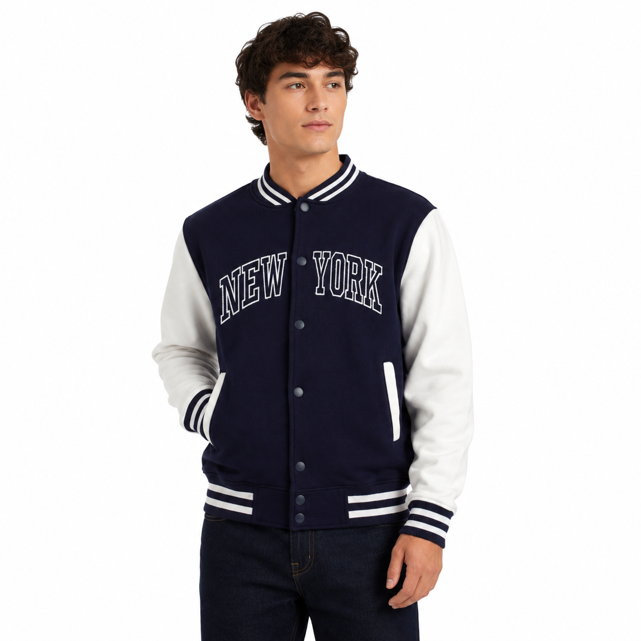 New York Varsity Jacket, Unisex Streetwear Button, Applique NY Patch
