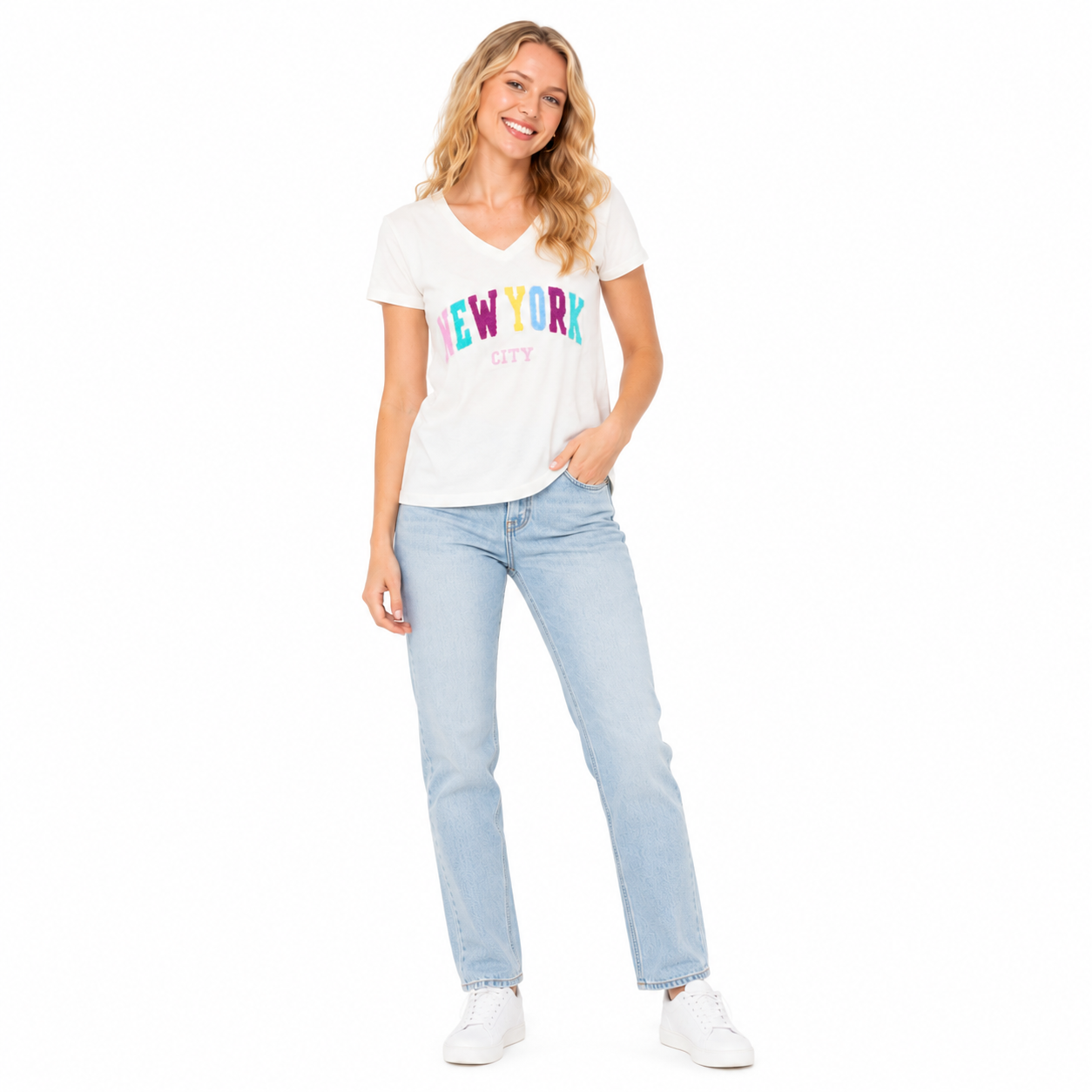 New York City Chenille Embroidered V-Neck T-Shirt, Cotton Blend Souvenir Tee