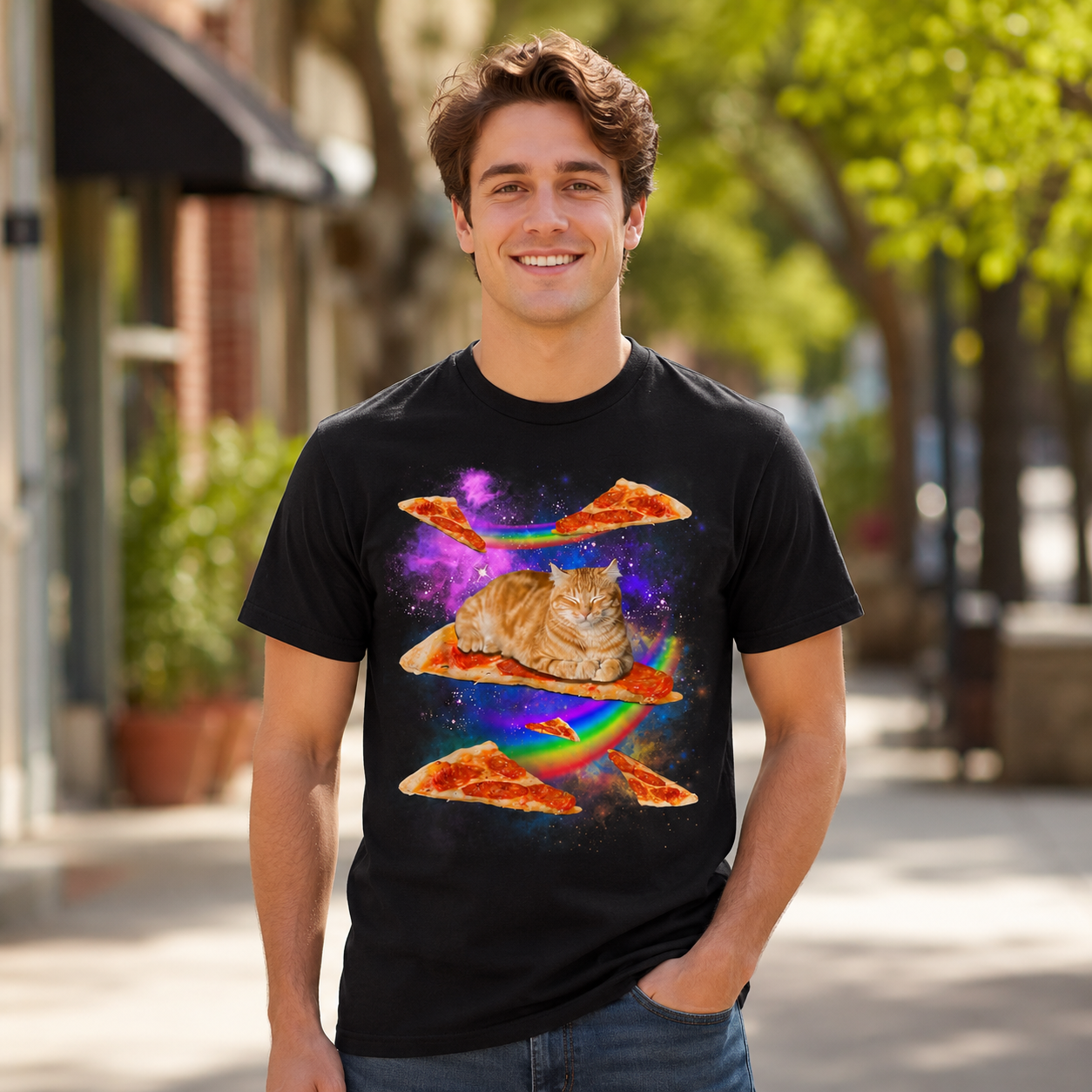 Funny Galaxy Cat Riding Pizza T-Shirt Space Rainbow Graphic Tee Men's S-5XL