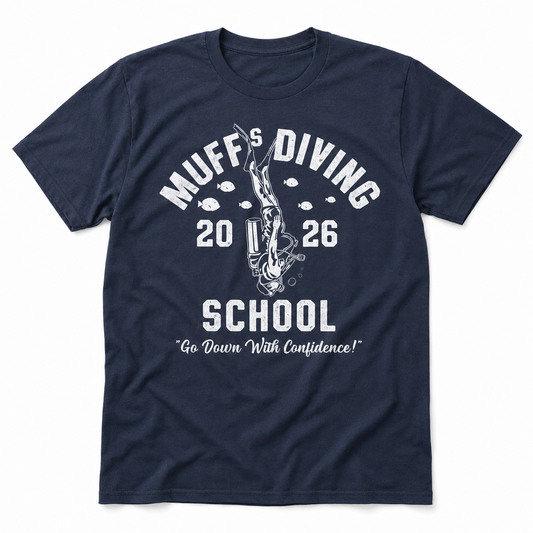 Muffs Diving School Funny T-Shirt for Men Sarcastic Graphic Novelty Joke Tee