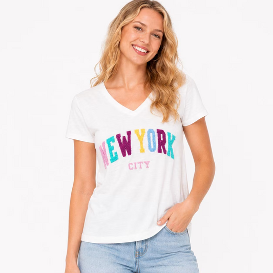 New York City Chenille Embroidered V-Neck T-Shirt, Cotton Blend Souvenir Tee