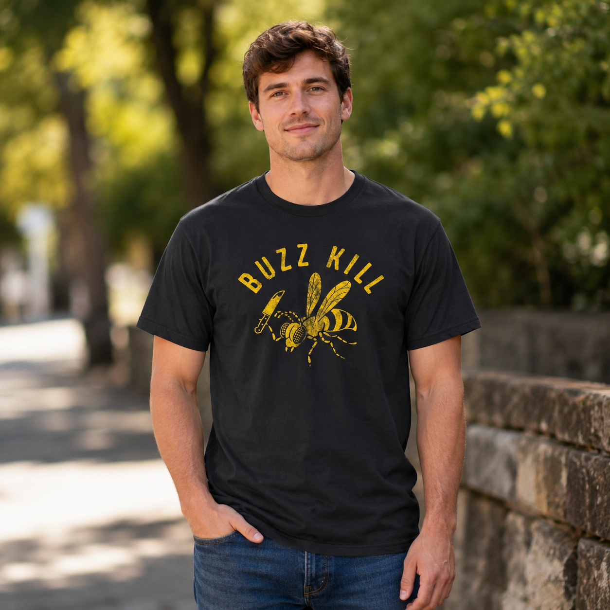 Mens Buzzkill Funny T-Shirt Sarcastic Killer Bee Knife Graphic Joke Tee for Guys