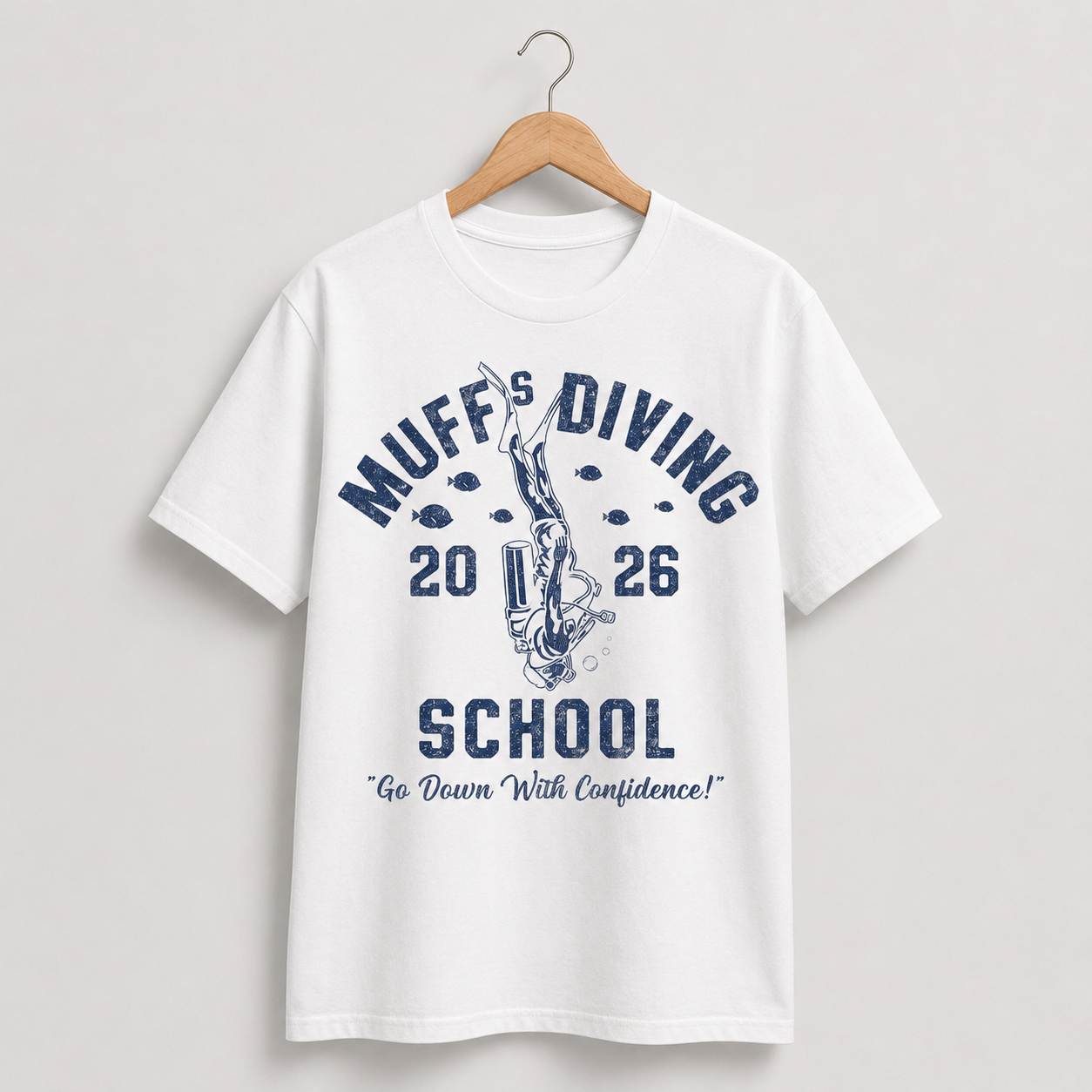 Muffs Diving School Funny T-Shirt for Men Sarcastic Graphic Novelty Joke Tee