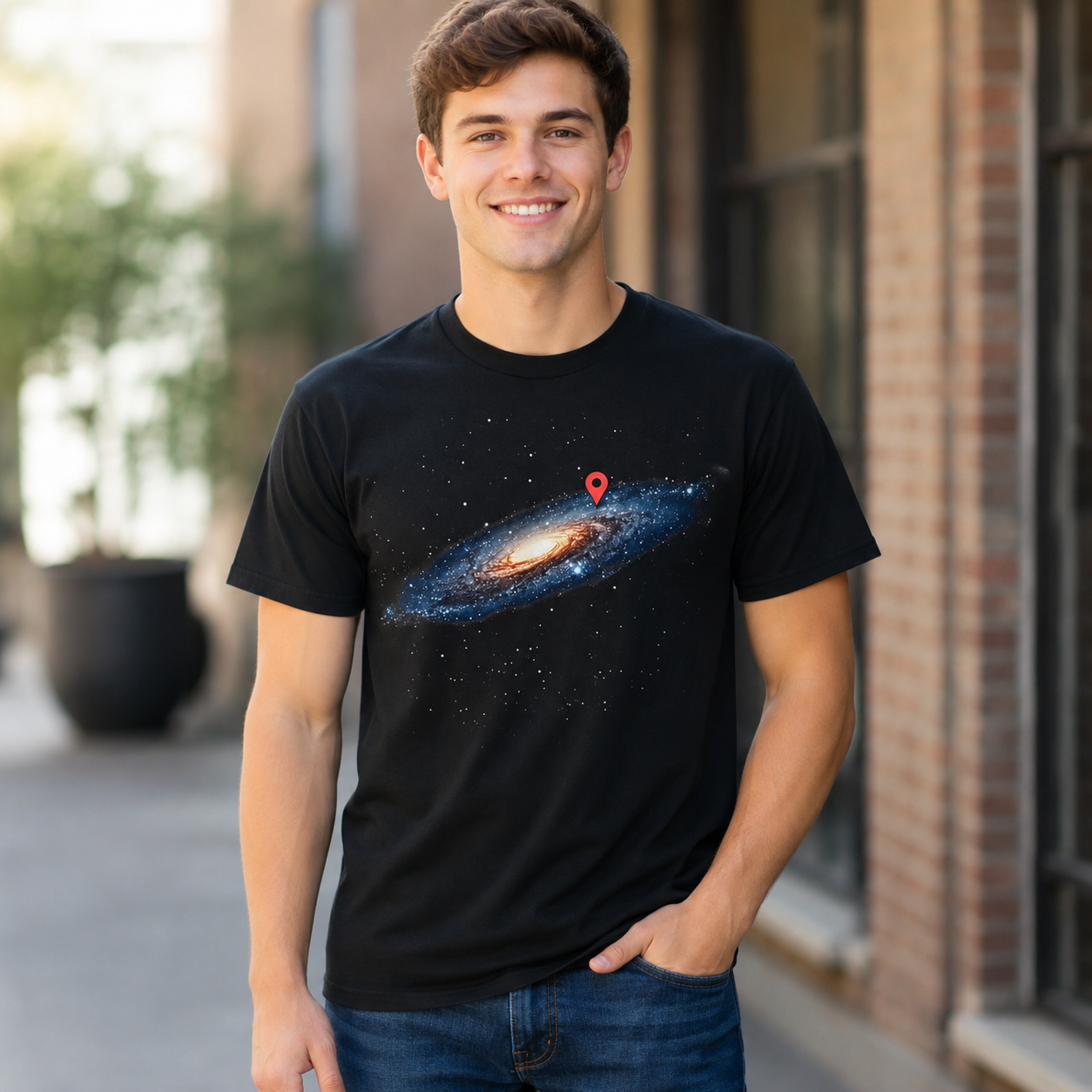 Milky Way Galaxy Location Pin T-Shirt Funny Space Universe Graphic Tee Men's S-5