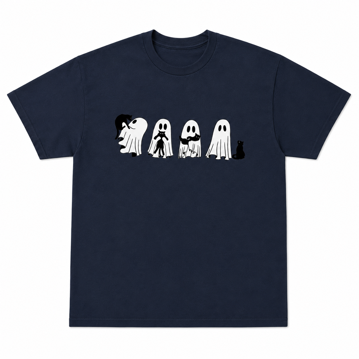 Halloween Black Cat Ghost T Shirt Womens Spooky Season Cute Graphic Tee Gift