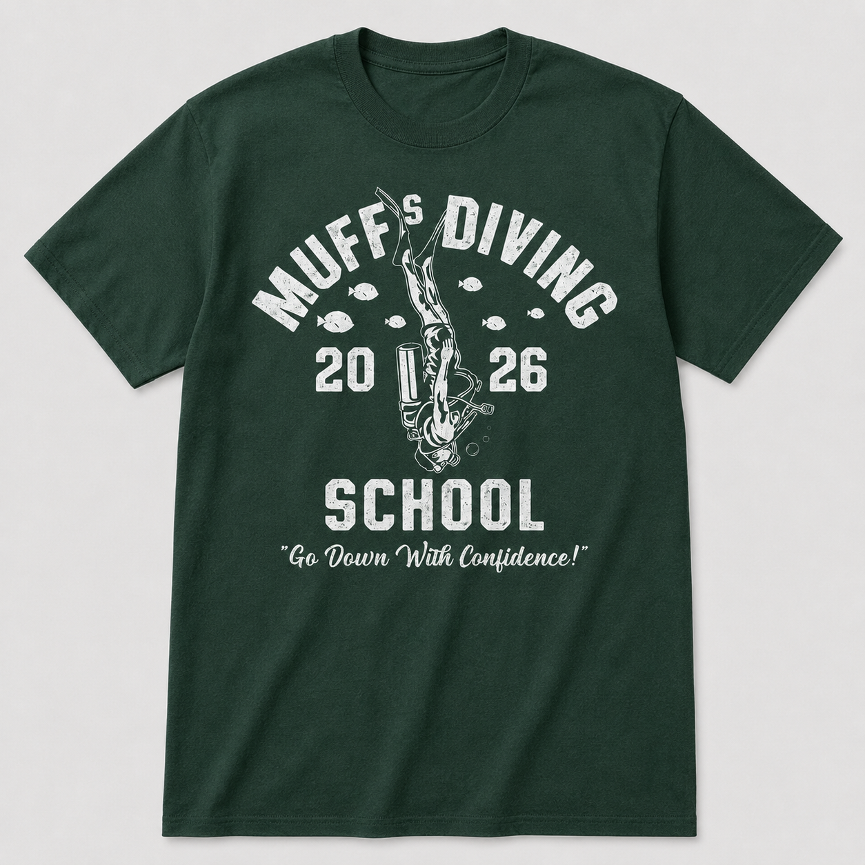 Muffs Diving School Funny T-Shirt for Men Sarcastic Graphic Novelty Joke Tee