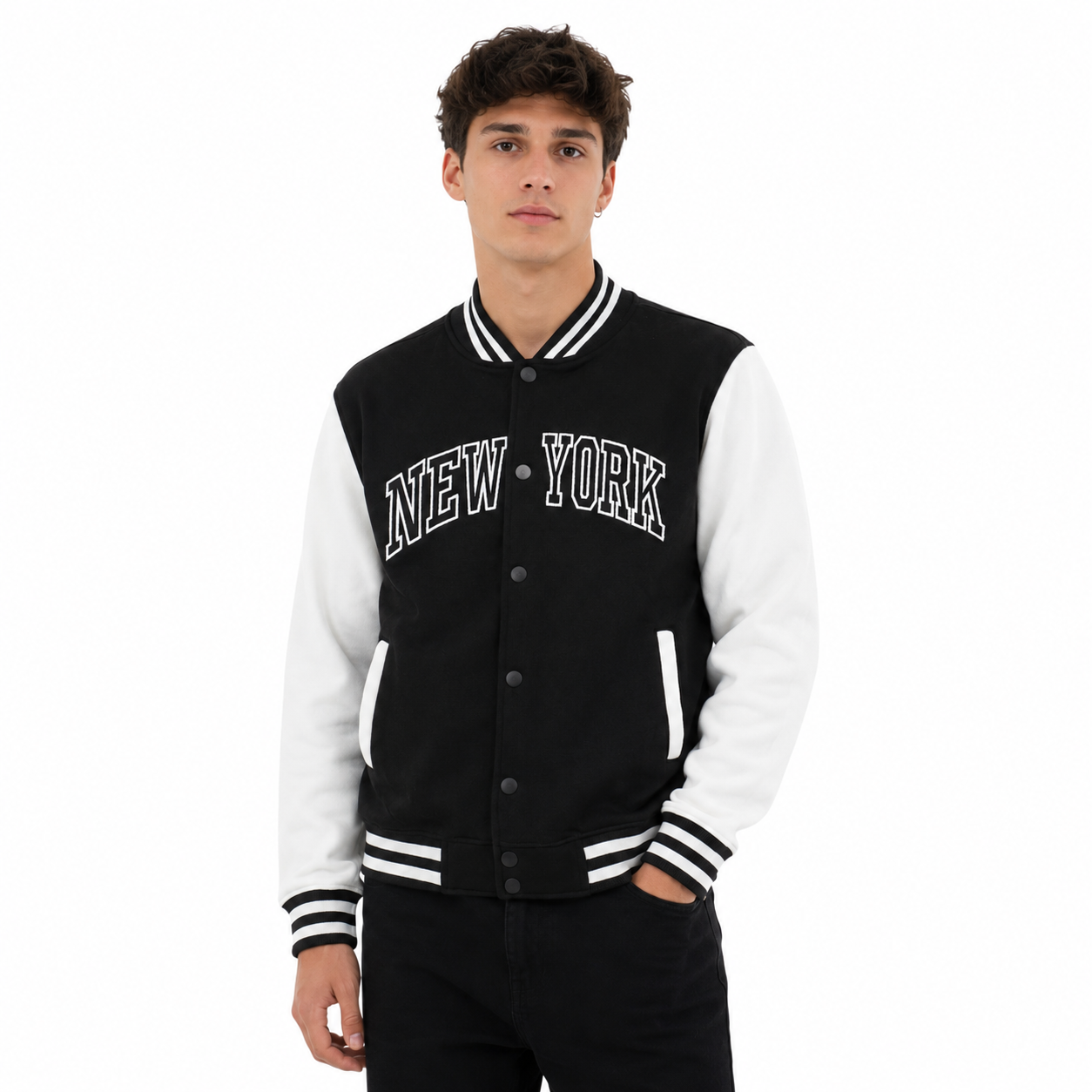 New York Varsity Jacket, Unisex Streetwear Button, Applique NY Patch