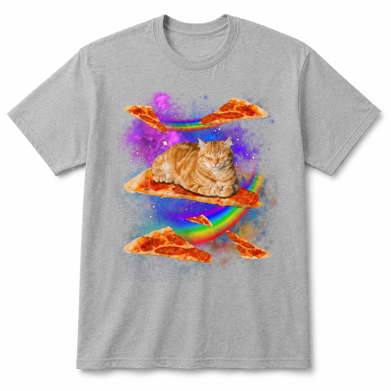 Funny Galaxy Cat Riding Pizza T-Shirt Space Rainbow Graphic Tee Men's S-5XL