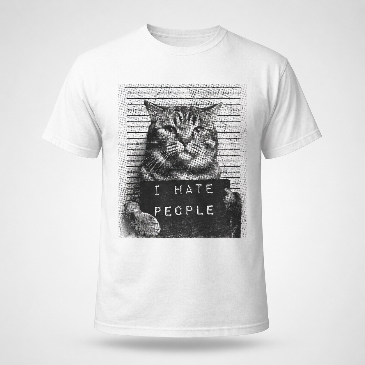 I Hate People Funny Cat T-Shirt Mugshot Sarcastic Graphic Novelty Tee for Men