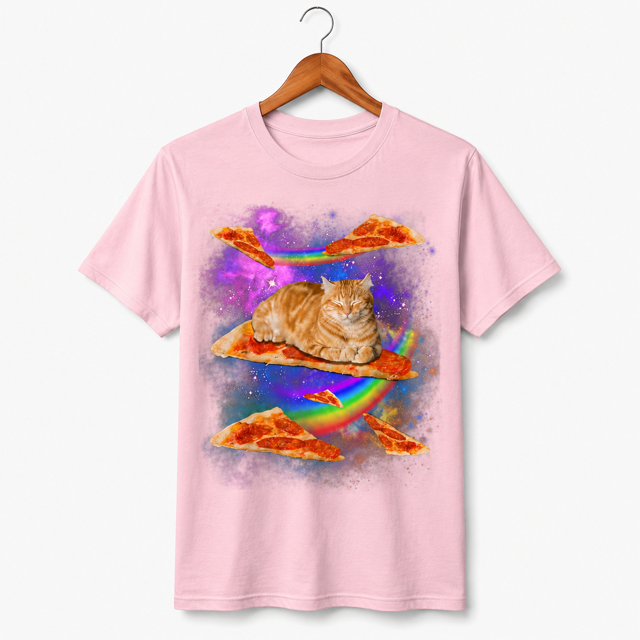 Funny Galaxy Cat Riding Pizza T-Shirt Space Rainbow Graphic Tee Men's S-5XL