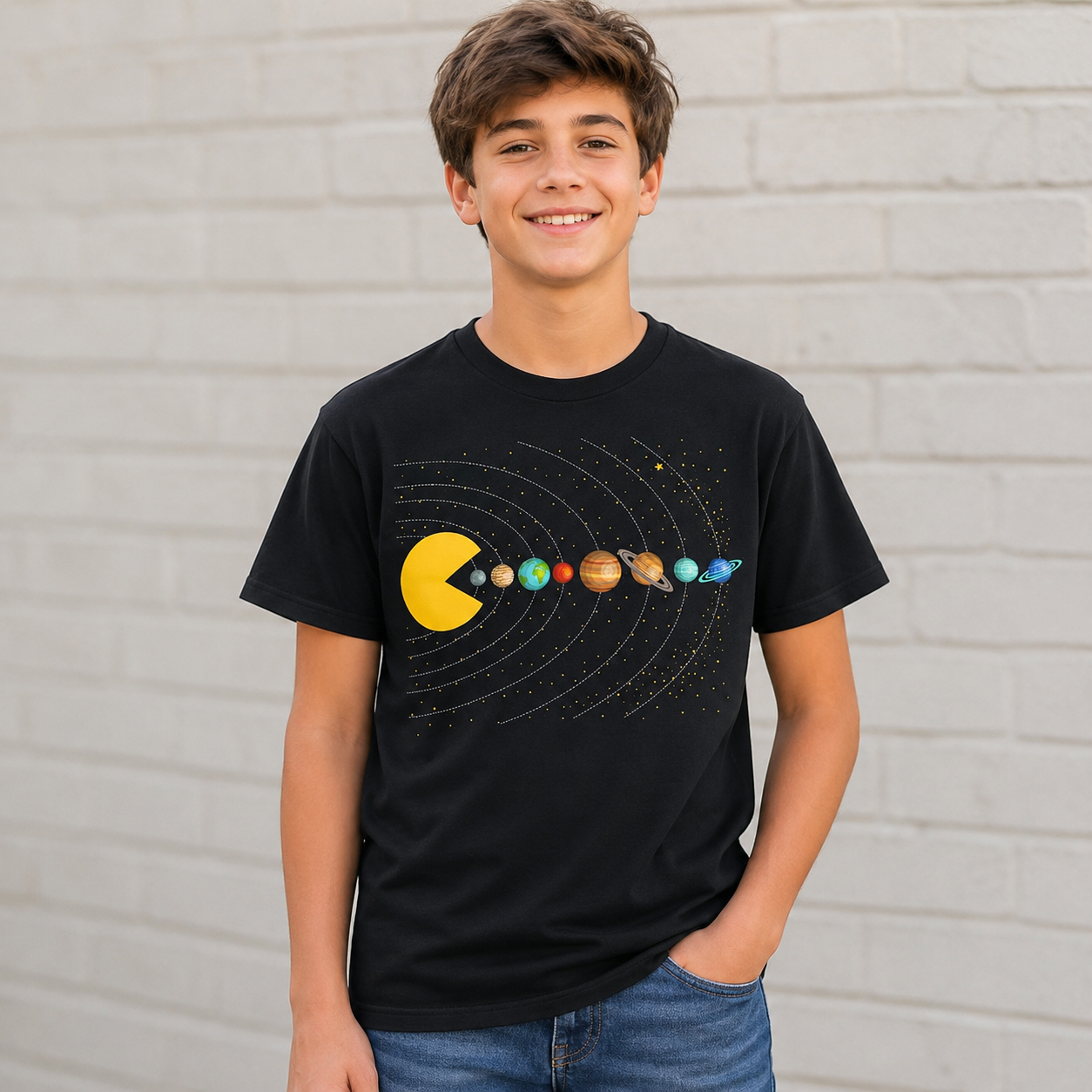 Funny Solar System Space Arcade Gamer Youth Graphic T-Shirt Boys Tee S-XL