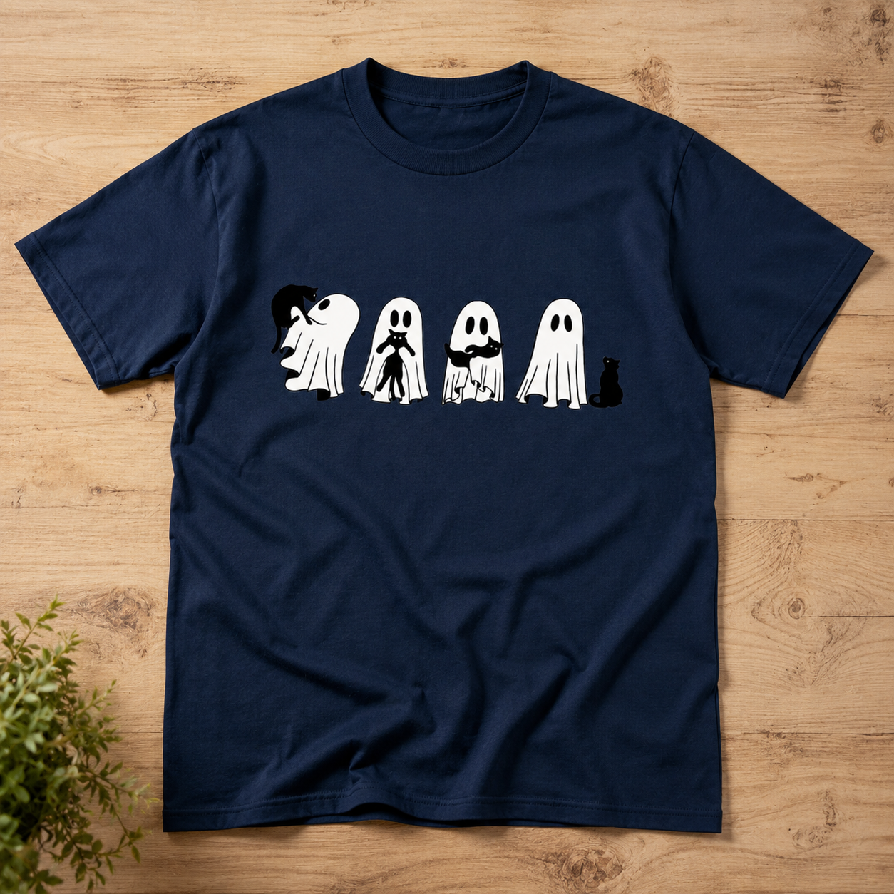 Halloween Black Cat Ghost T Shirt Womens Spooky Season Cute Graphic Tee Gift