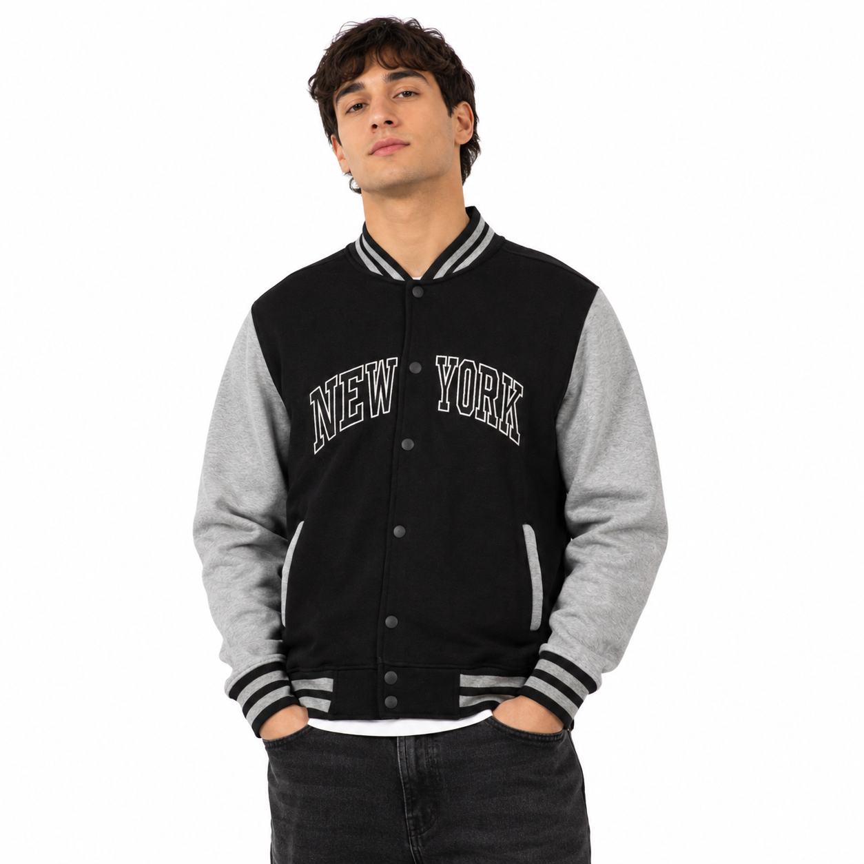 New York Varsity Jacket, Unisex Streetwear Button, Applique NY Patch