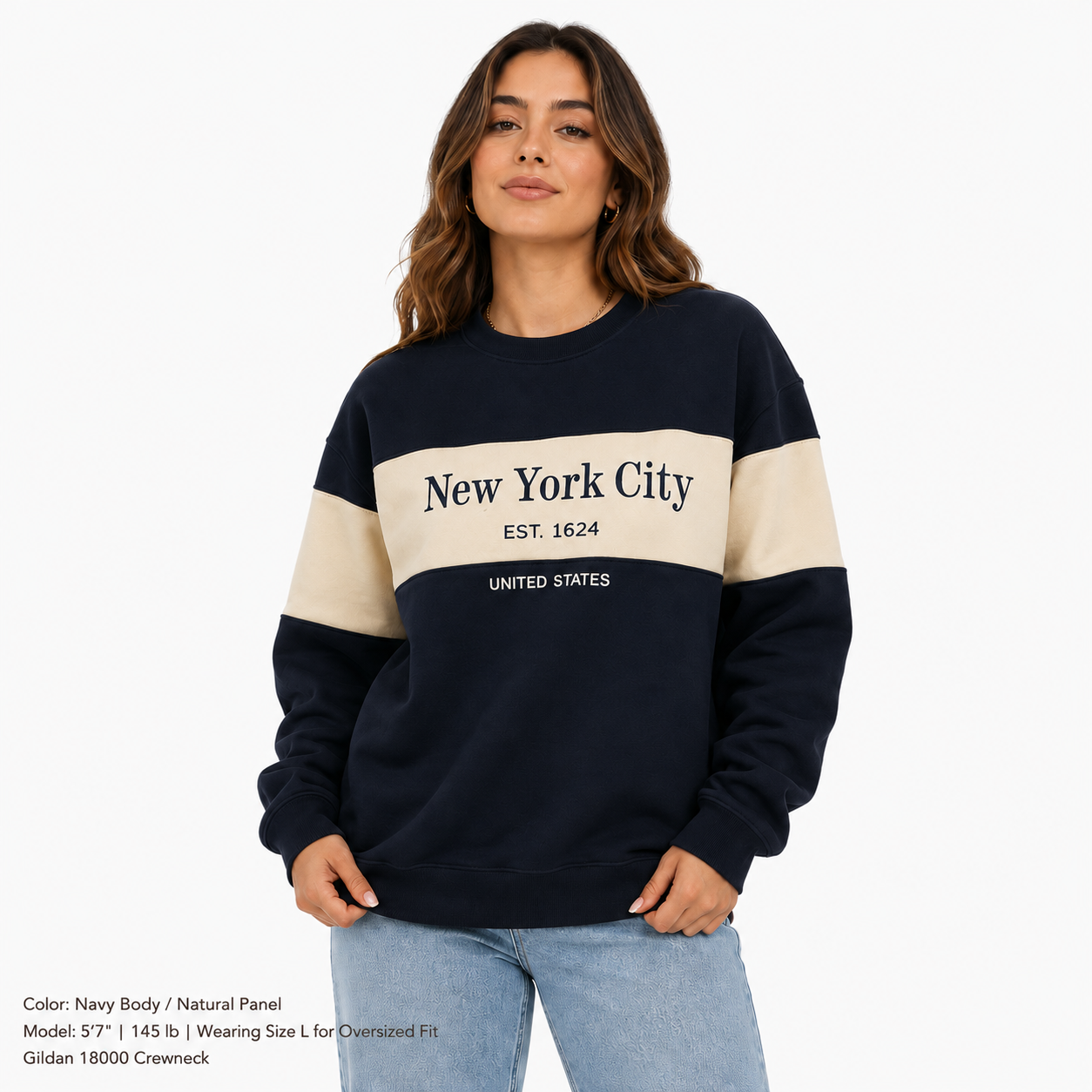 New York City Color block embroidered Crewneck Sweatshirt, Est 1624