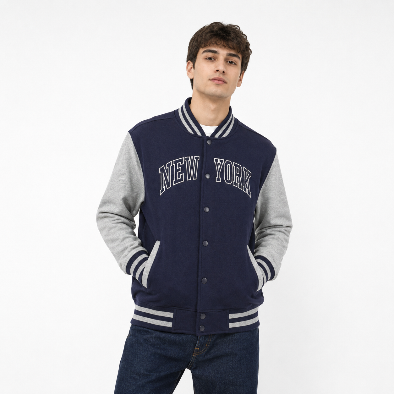 New York Varsity Jacket, Unisex Streetwear Button, Applique NY Patch