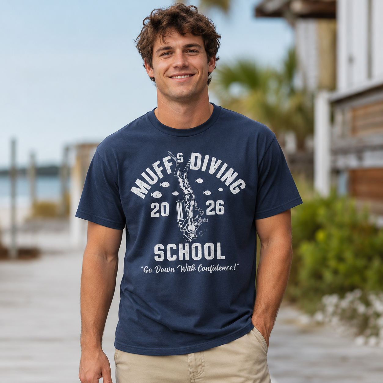 Muffs Diving School Funny T-Shirt for Men Sarcastic Graphic Novelty Joke Tee