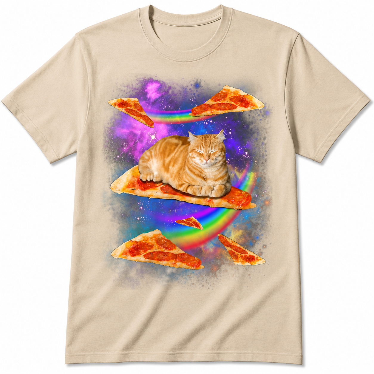 Funny Galaxy Cat Riding Pizza T-Shirt Space Rainbow Graphic Tee Men's S-5XL