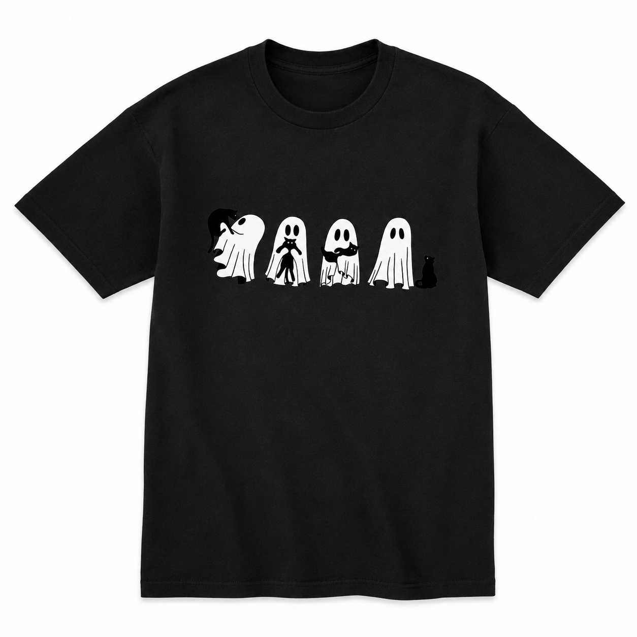 Halloween Black Cat Ghost T Shirt Womens Spooky Season Cute Graphic Tee Gift